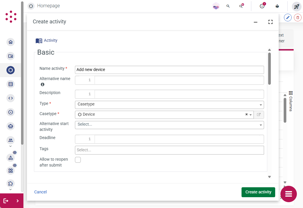 The "Add activity" dialog