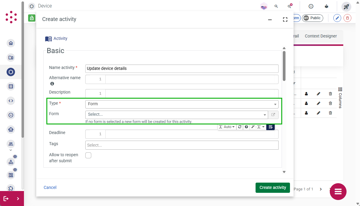 The "Add activity" dialog