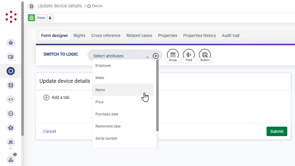 Select attributes dropdown in form designer