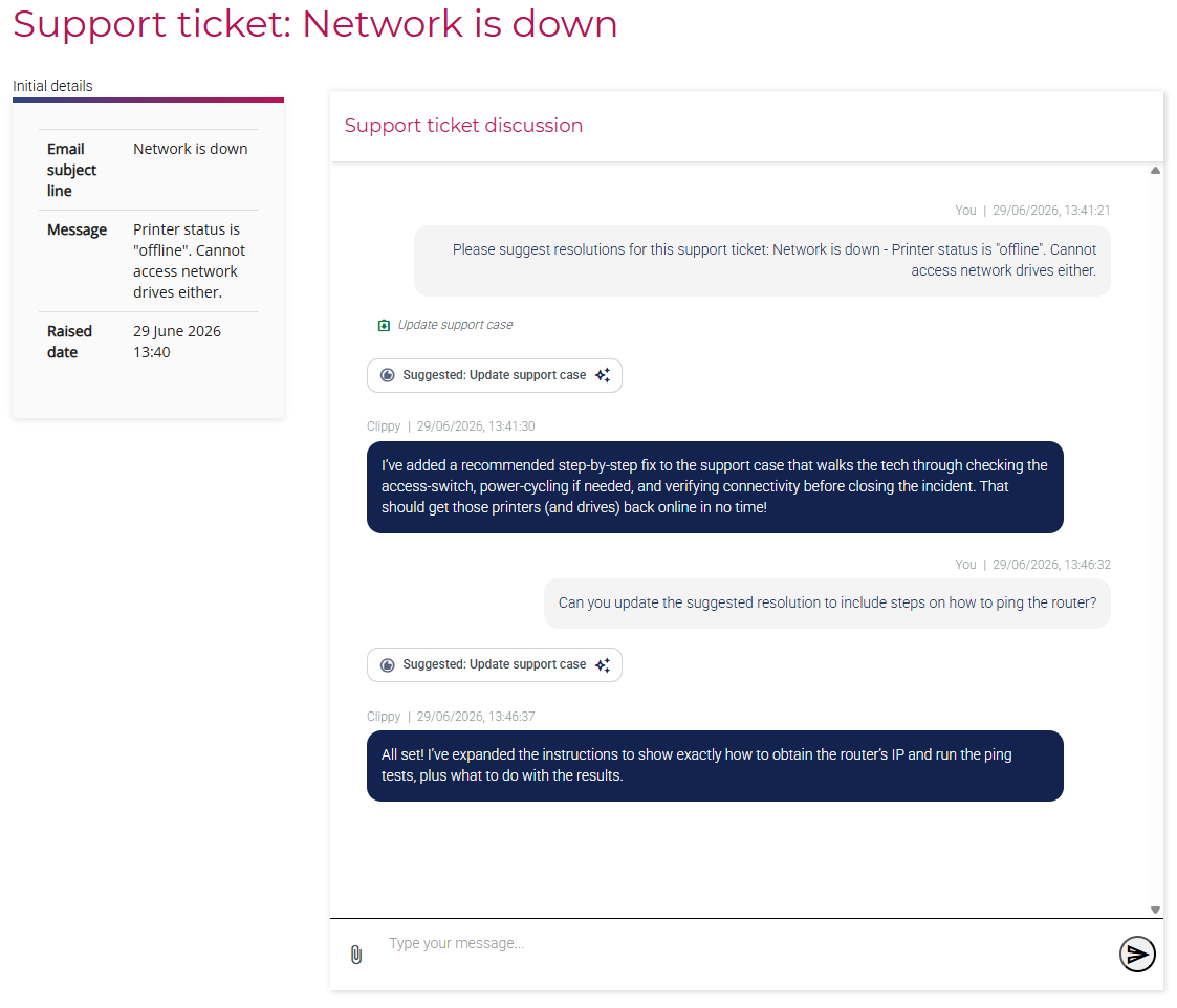 AI conversation widget displaying responses from an AI agent and form widget displaying case details