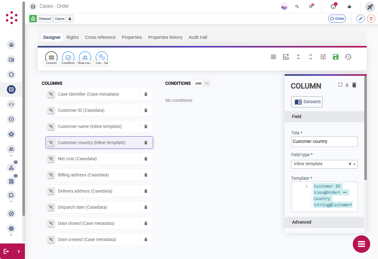 Column properties in the dataset designer