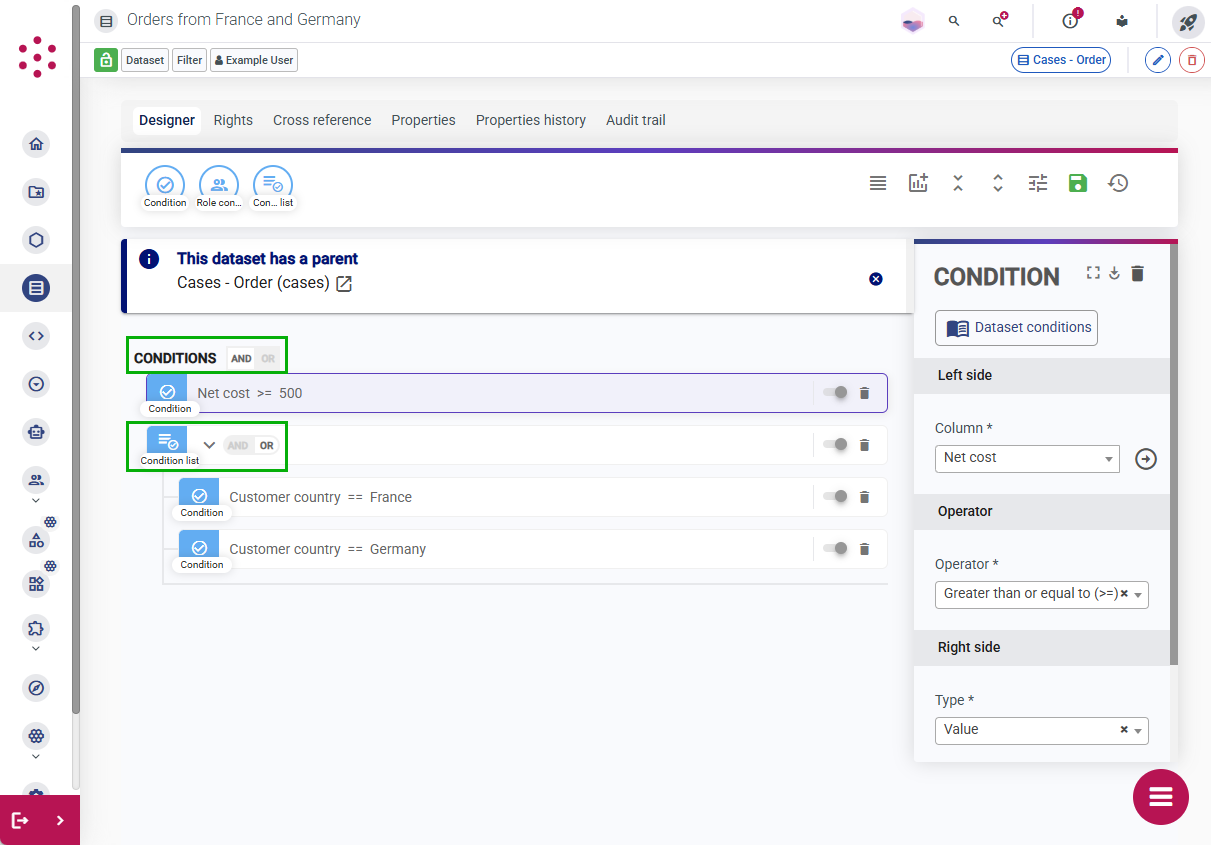 A dataset combining AND and OR conditions using a condition list