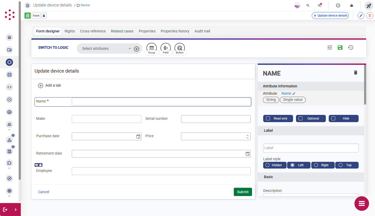 Edit an attribute in the form designer