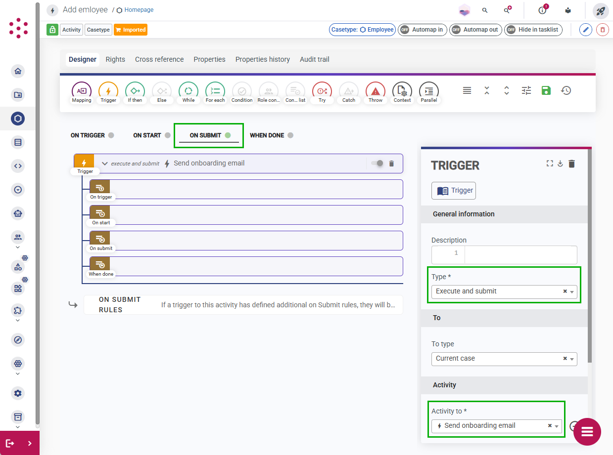 An "Execute and submit" trigger that triggers a casetype activity when the parent activity is submitted
