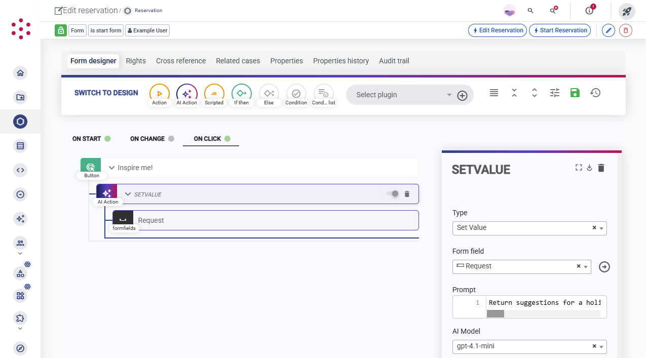Form logic designer with an AI action added to the &quot;On click&quot; tab