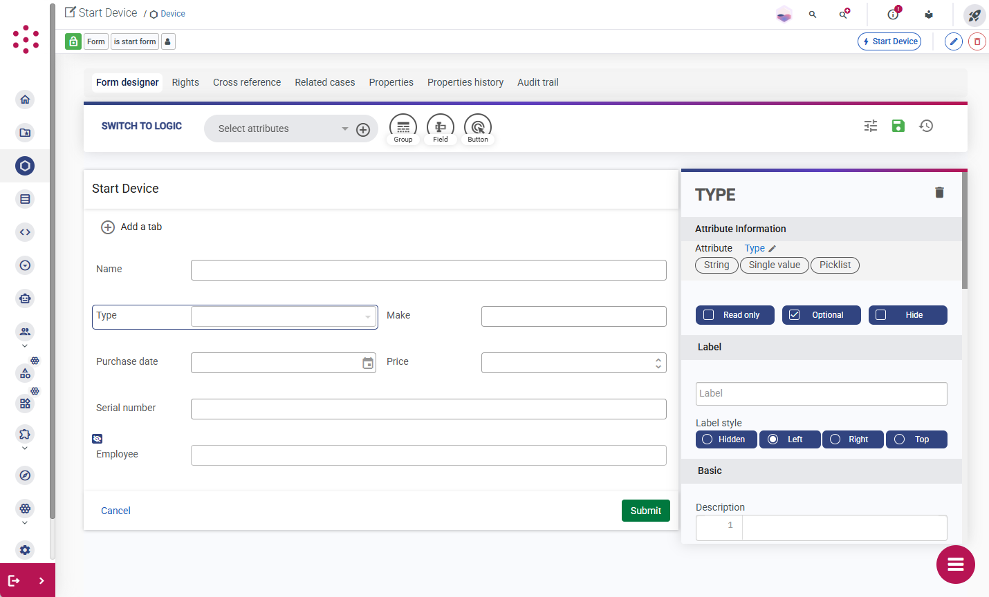 Form designer with Type field selected