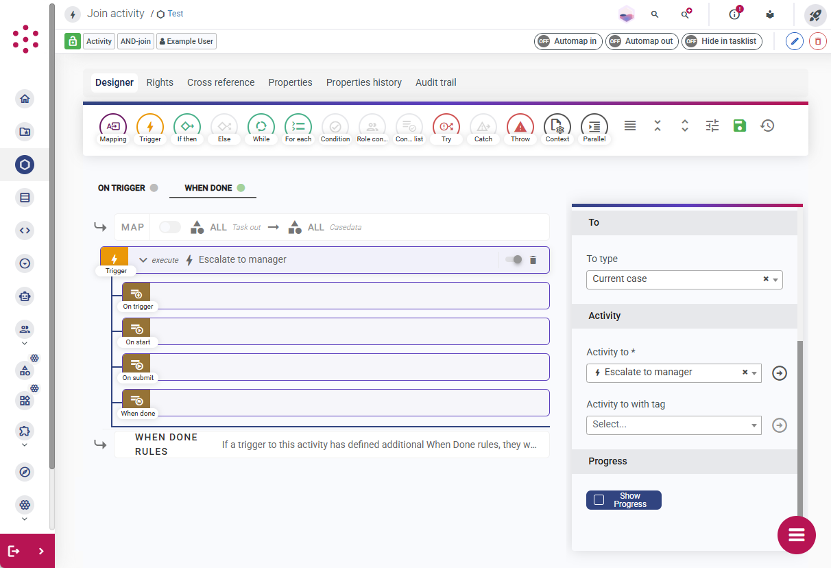 An activity trigger added to the "When done" stage of a Join activity