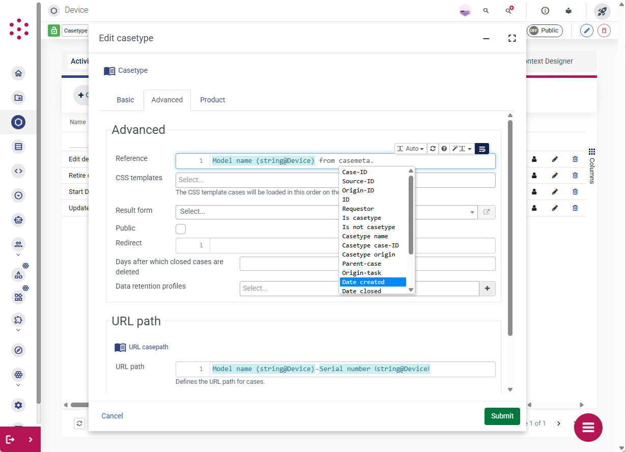 Configuring the reference for the device casetype