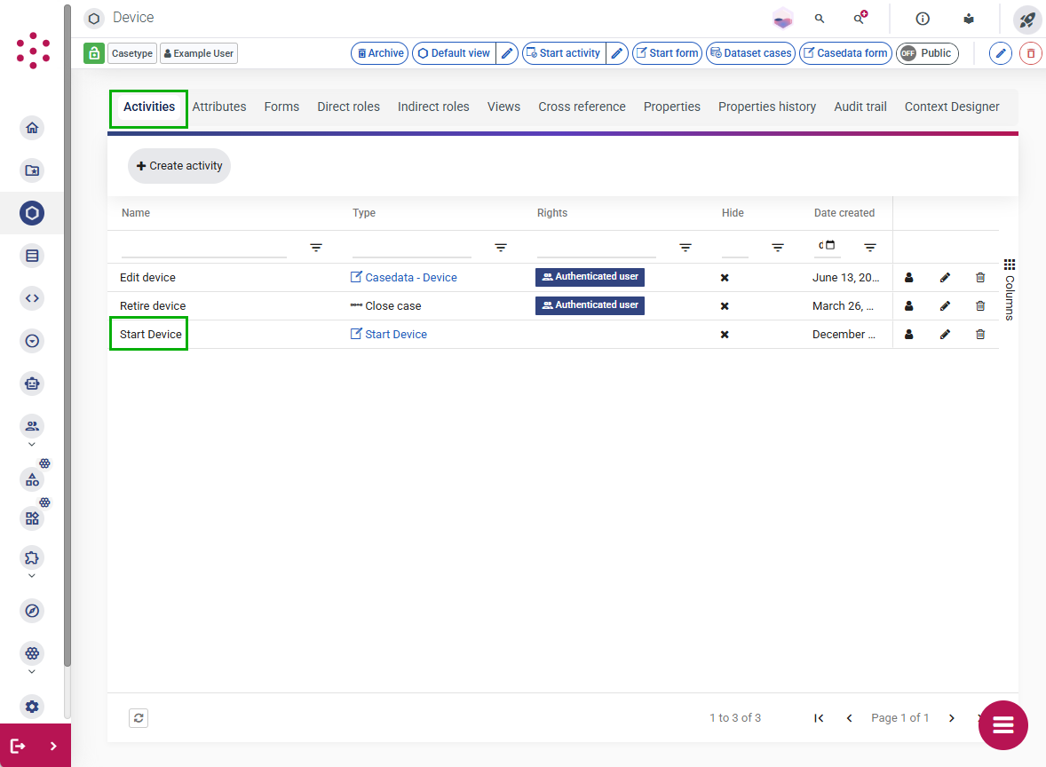 Activity tab on the Department casetype