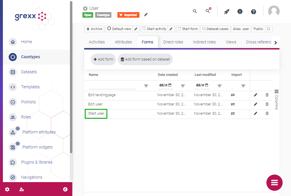 Forms tab on the User casetype