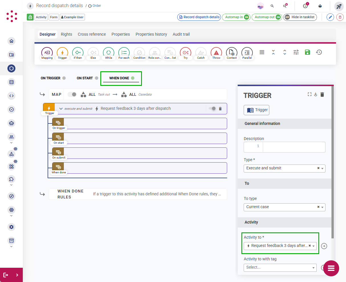 A trigger for a timed event on the "When done" stage of a form activity
