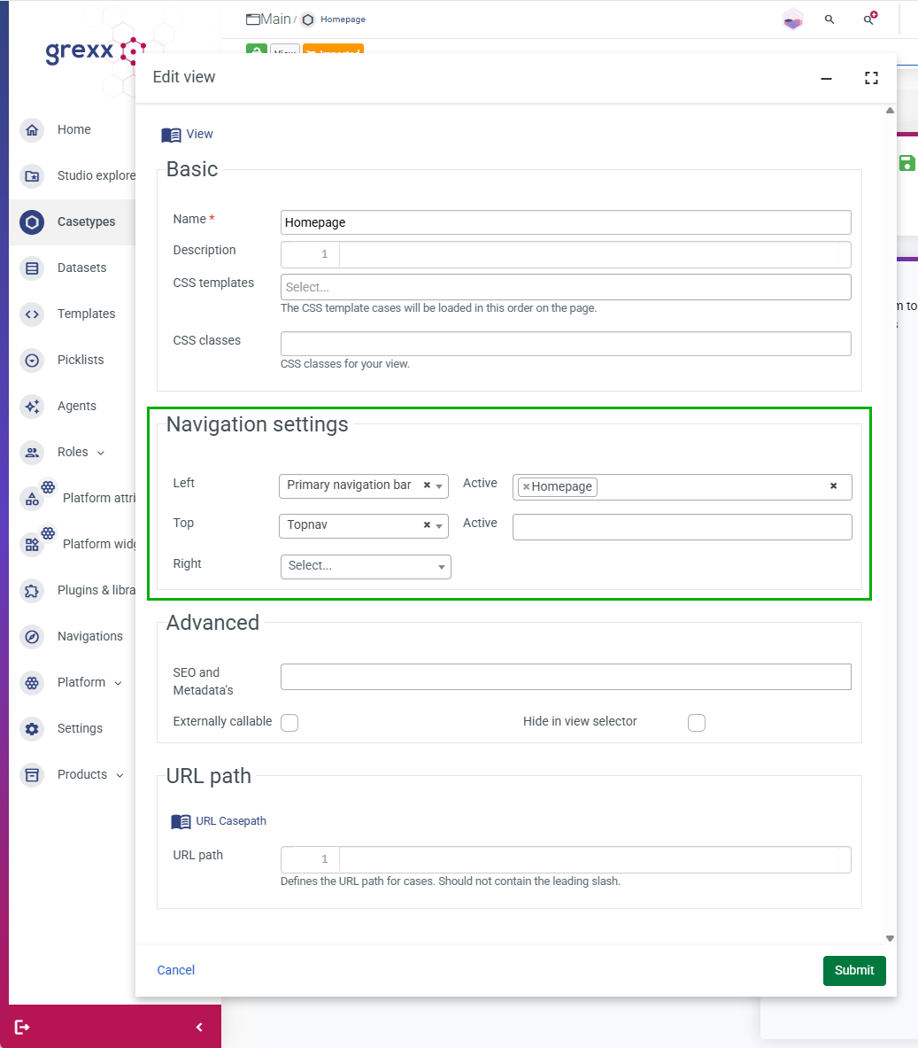 Navigation options in the View settings