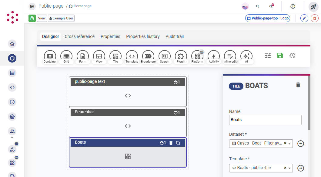 Template widget properties in the view designer